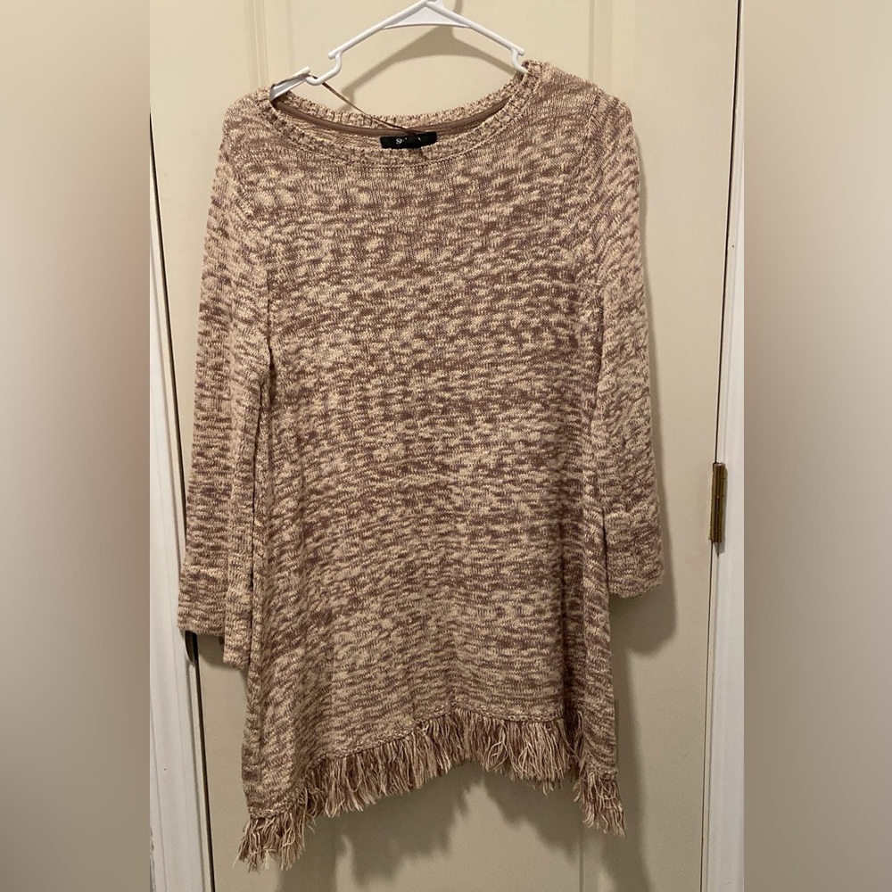 Style & Co Cream Shrug with Fringe Hem and Three-Quarter Sleeves
